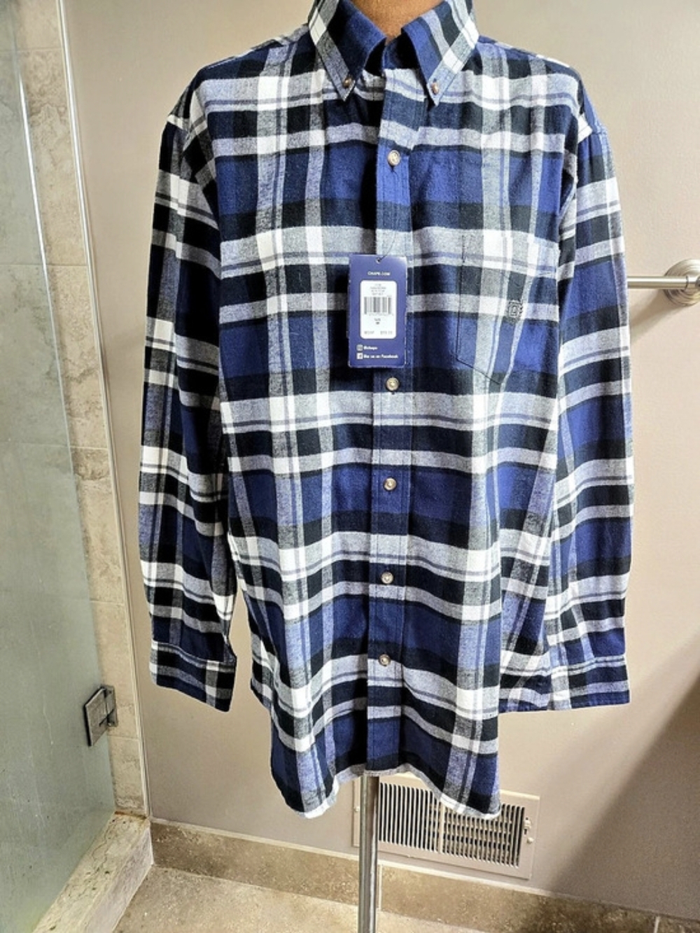 Chaps Performance Flannel Plaid Cotton Shirt in Blue & Black Size Medium NWT